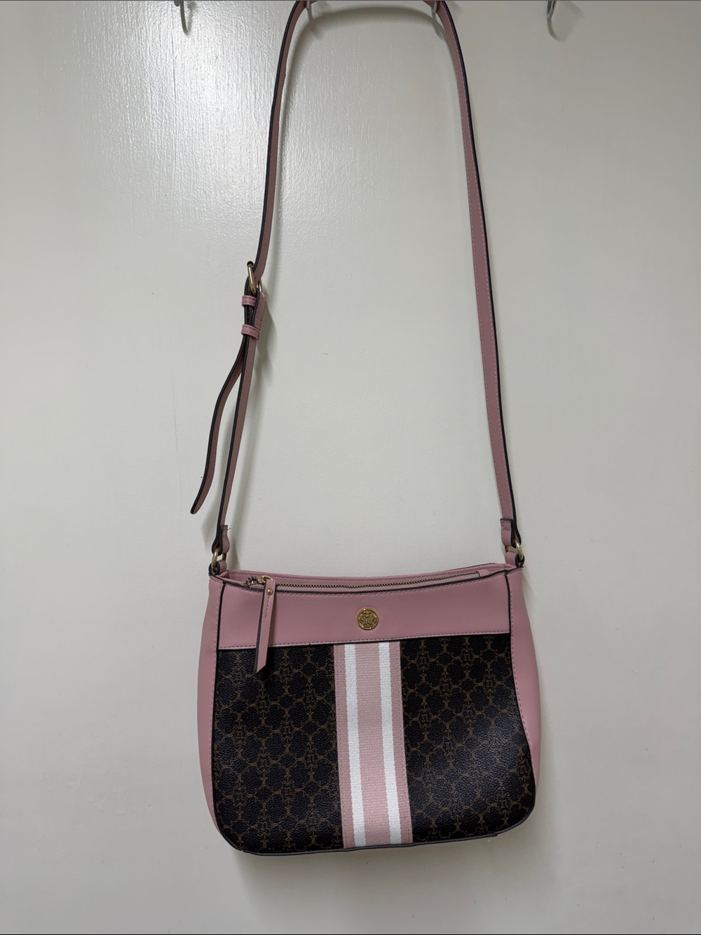 Nanette Lepore Pink Trim Monogram Crossbody with Striped Center
